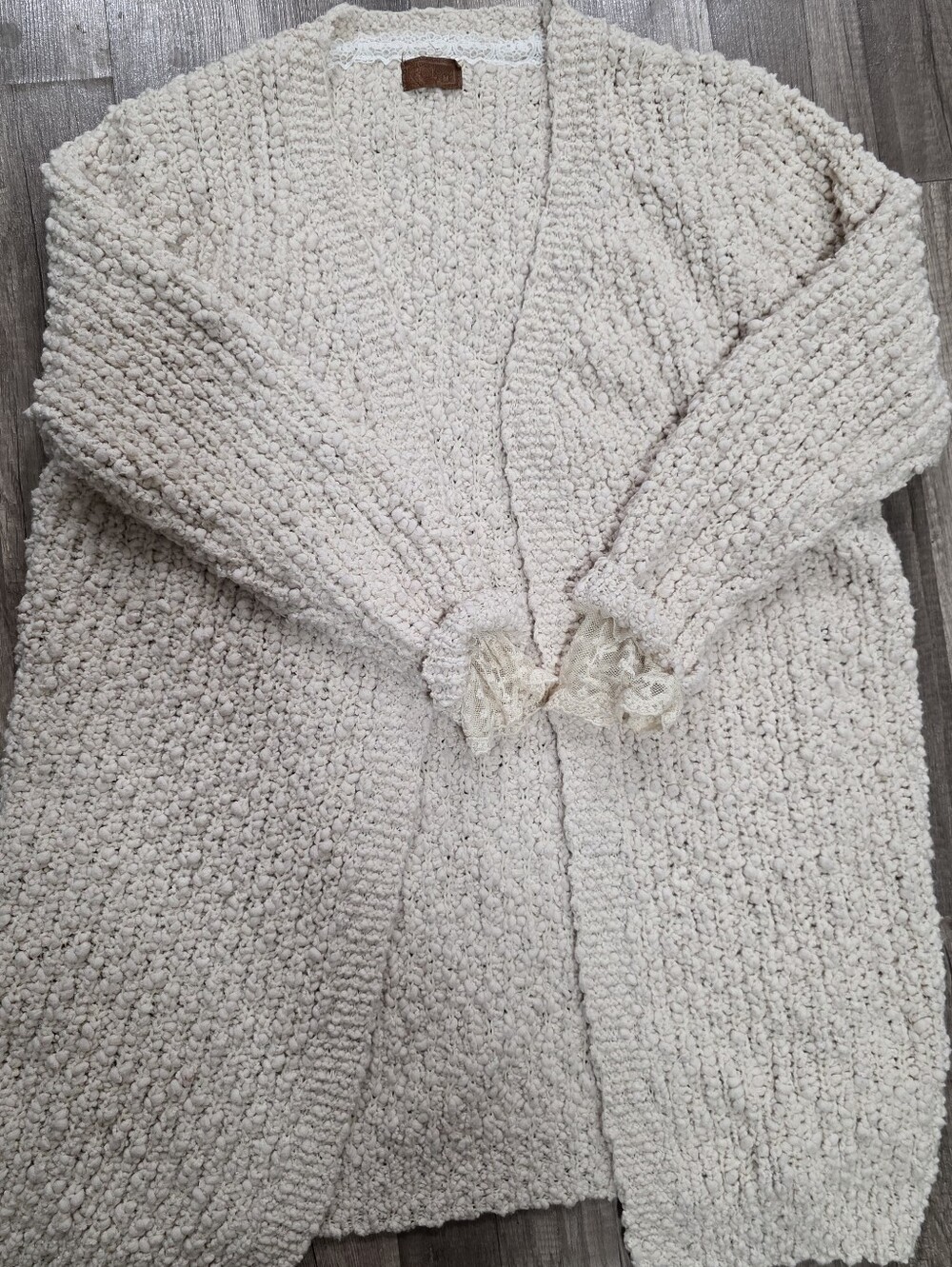 POL BOHO Heritage POPCORN KNIT Cozy Cream Chunky Cardigan Lace Sleeves  Sweater